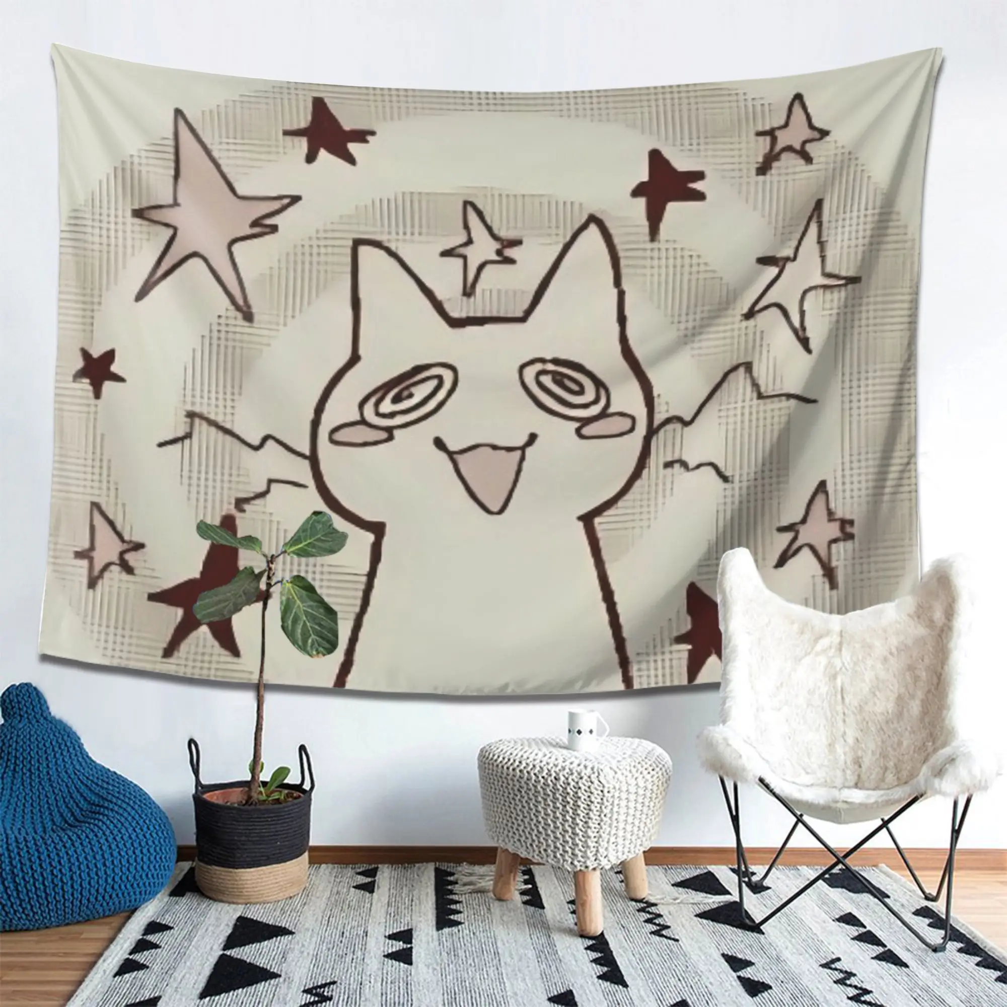 Cat Surrounded by Stars Printed Tapestry, Lightweight Durable Polyester Wall Hanging, Soft Touch Decor for Bedroom Living Room,