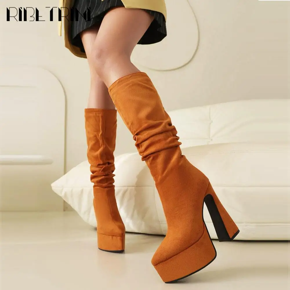 

Flock Chunky High Heel Chelsea Boots For Woman Pull On Mid Calf Platform Shoes 2023 Winter Brown Office Lady Dress Design Boots