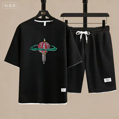 

Men's summer new casual short-sleeved T-shirt set, fashionable outdoor men's round-neck pullover + sports shorts 2-piece set