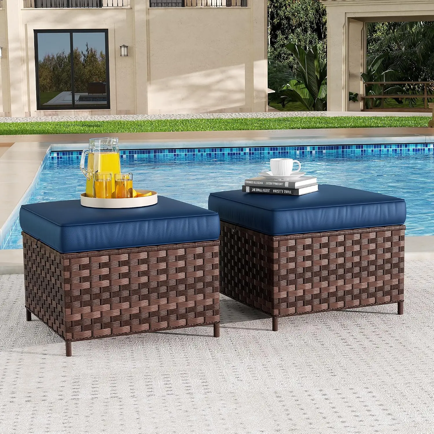 Outdoor Ottoman Set of 2 Wicker Foot Rest with Thickened Cushions for Patio Porch Deck, Customized