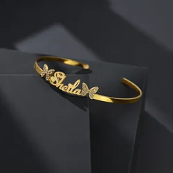 Acheerup-pulsera de acero inoxidable con nombre personalizado para mujer, brazalete personalizado con letras de circonita, mariposa, tamaño abierto, regalo de joyería