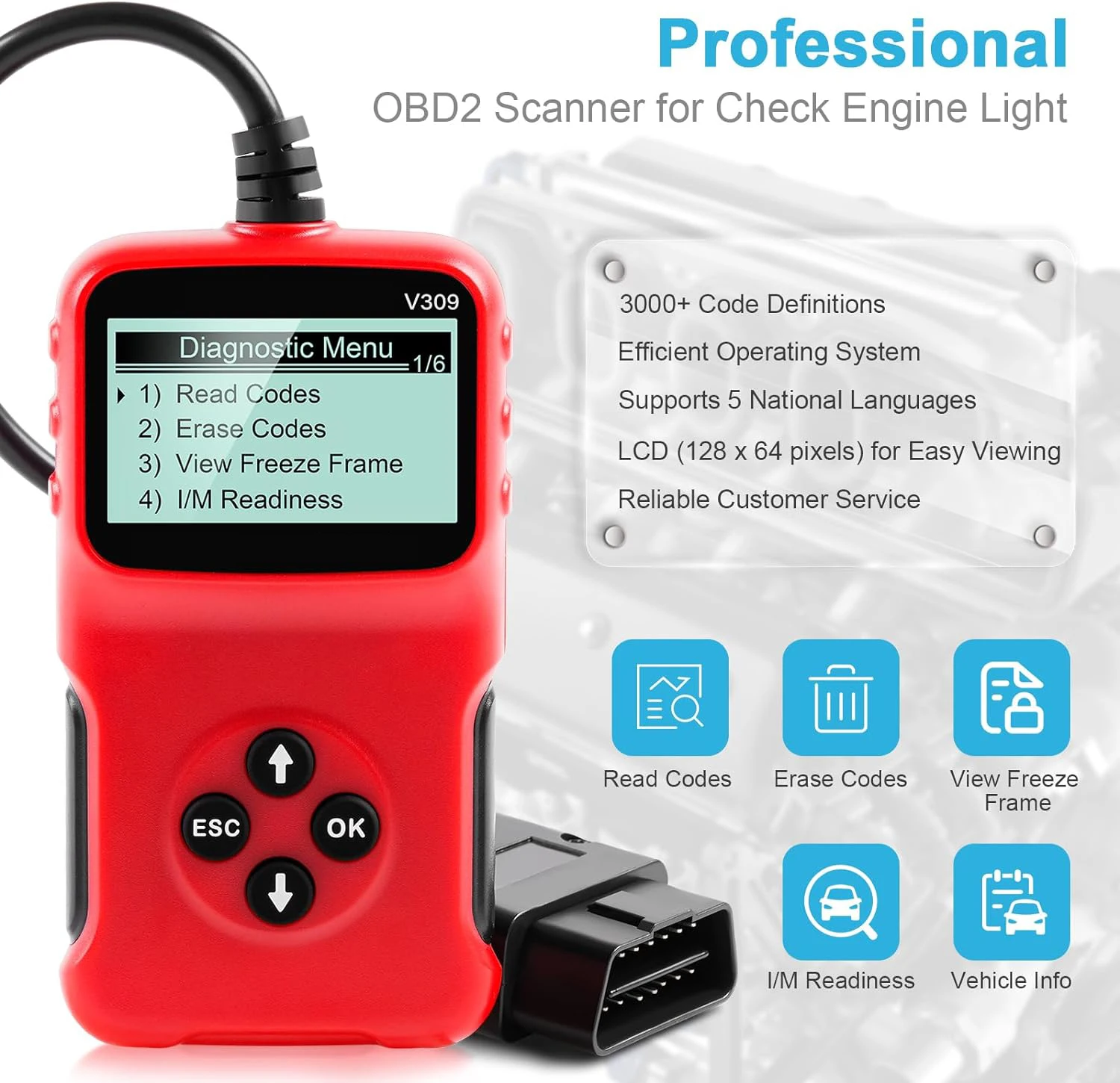 V309 OBD2 Scanner Automotive Diagnostic Troubleshooter Automotive Engine Trouble Code Reader OBD2 Check Engine Lights