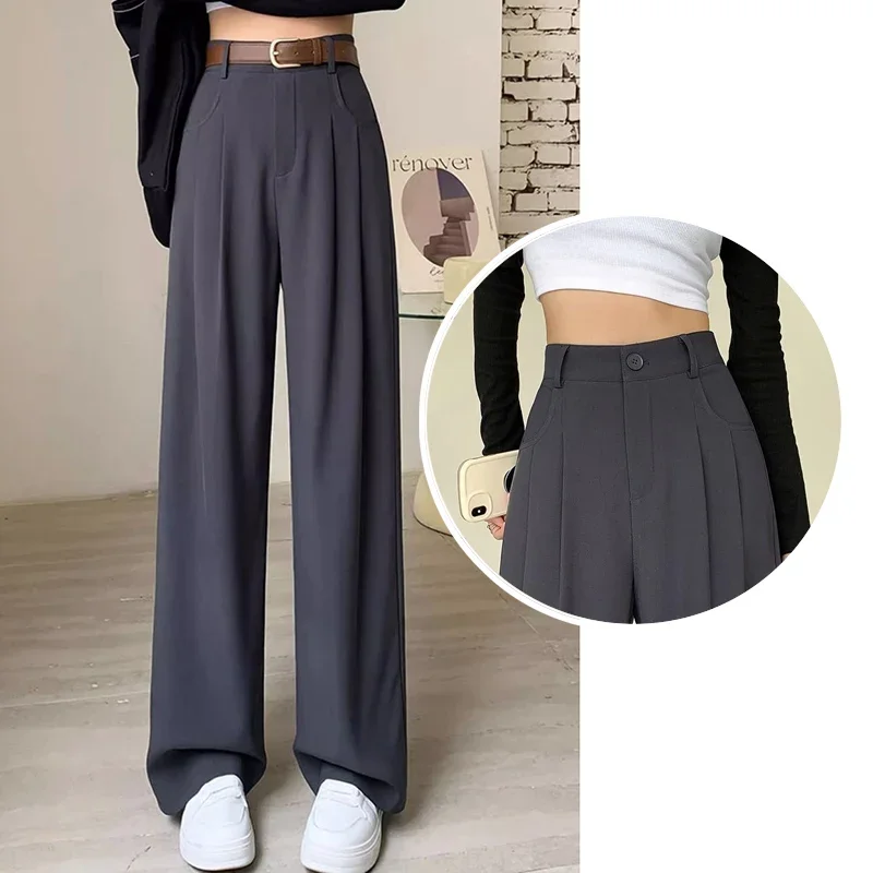 Women Fashion Suit Pants Lady Baggy High Waist Wide Leg Breathable Trousers Lady Straight Leg Slacks Gray Coffee Classic Pants