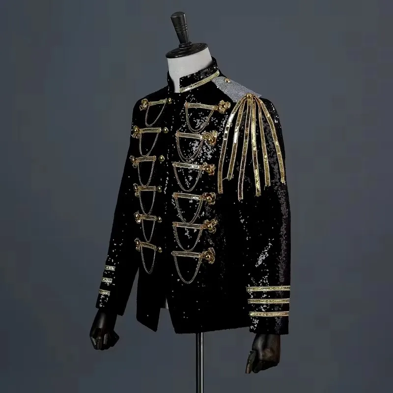 ผู้ชาย Party Prom Tuxedo เสื้อสูทนักร้องบาร์คอนเสิร์ตแสดงเวทีเครื่องแต่งกายสีดําเลื่อมเงินโซ่โลหะ Blazer Jacket