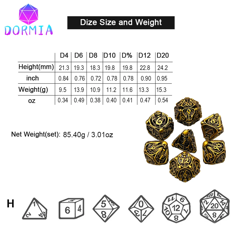 Hollow Metal Polyhedral Dice Set 7pca for Boardgame As Souvenirs/Gift Entertainment  D4 D6 D8 D10 D12 D20 D%