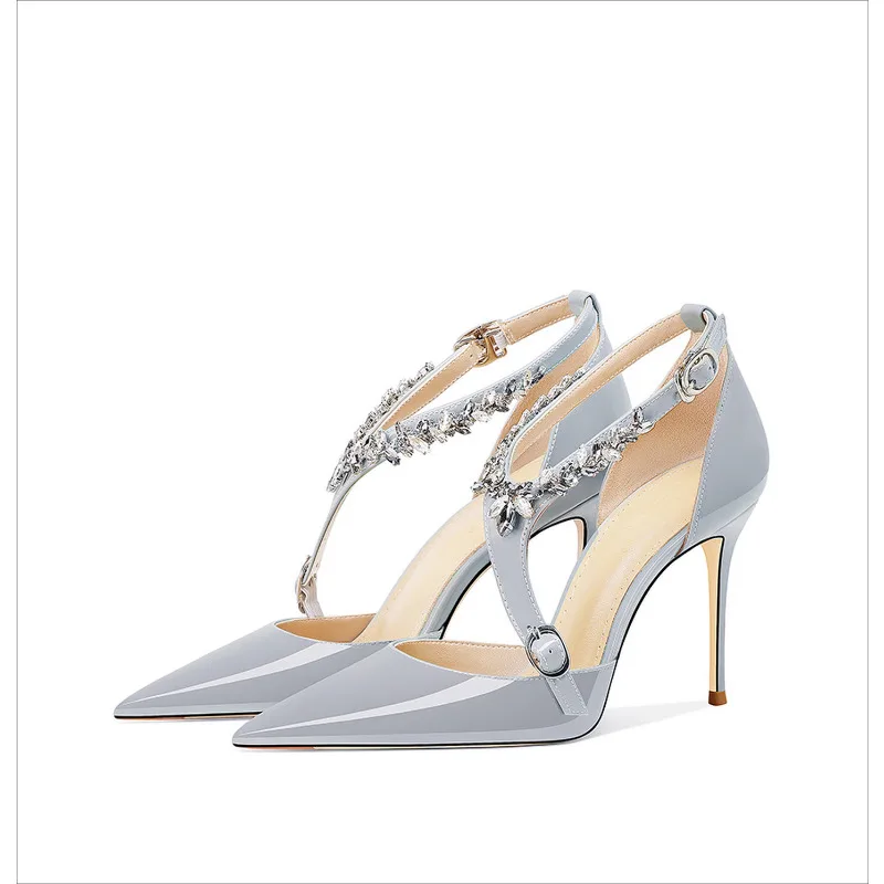 

Fashion Grey Pointed Toe Stiletto Heels Women Genuine Leather Rhinestone Summer 2025 New Sandals