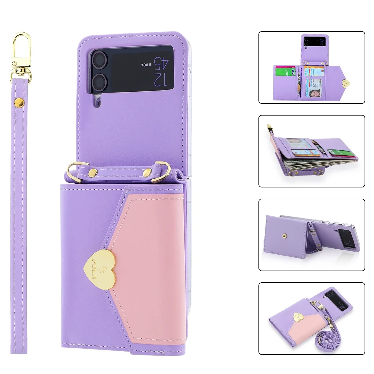 Crossbody Wallet Phone Case for Samsung Galaxy Z Flip 3 4 5 Flip3 Flip4 5G Cards Solt Hinge Coverage Leather Cover With Strap