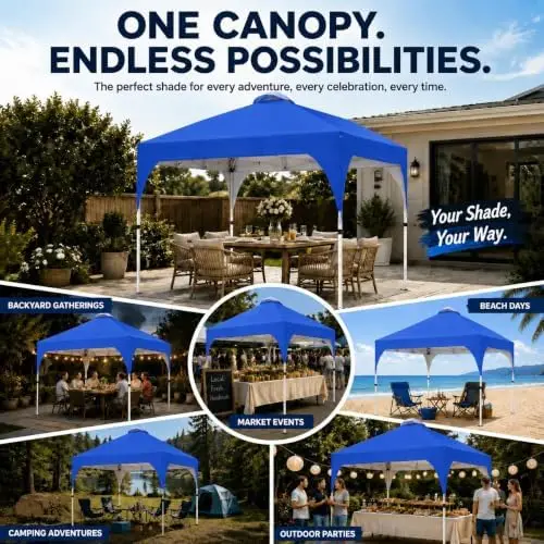 10x10 Pop Up Canopy Tent, Easy Set-Up Commercial Gazebo, Blue | Portable instant canopy with wheeled carry bag and 4