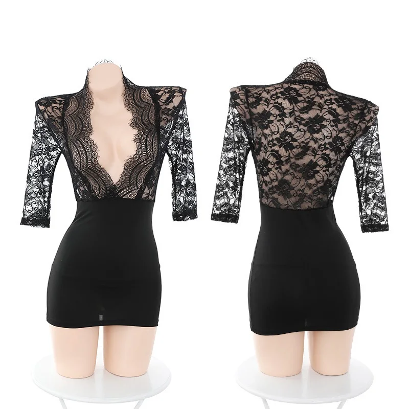 

Wholesale Women's Sexy Plus Size Lace Transparent Lingerie Dress Lady Erotic V-Neck Large Size Babydoll XXL Fliter Costumes