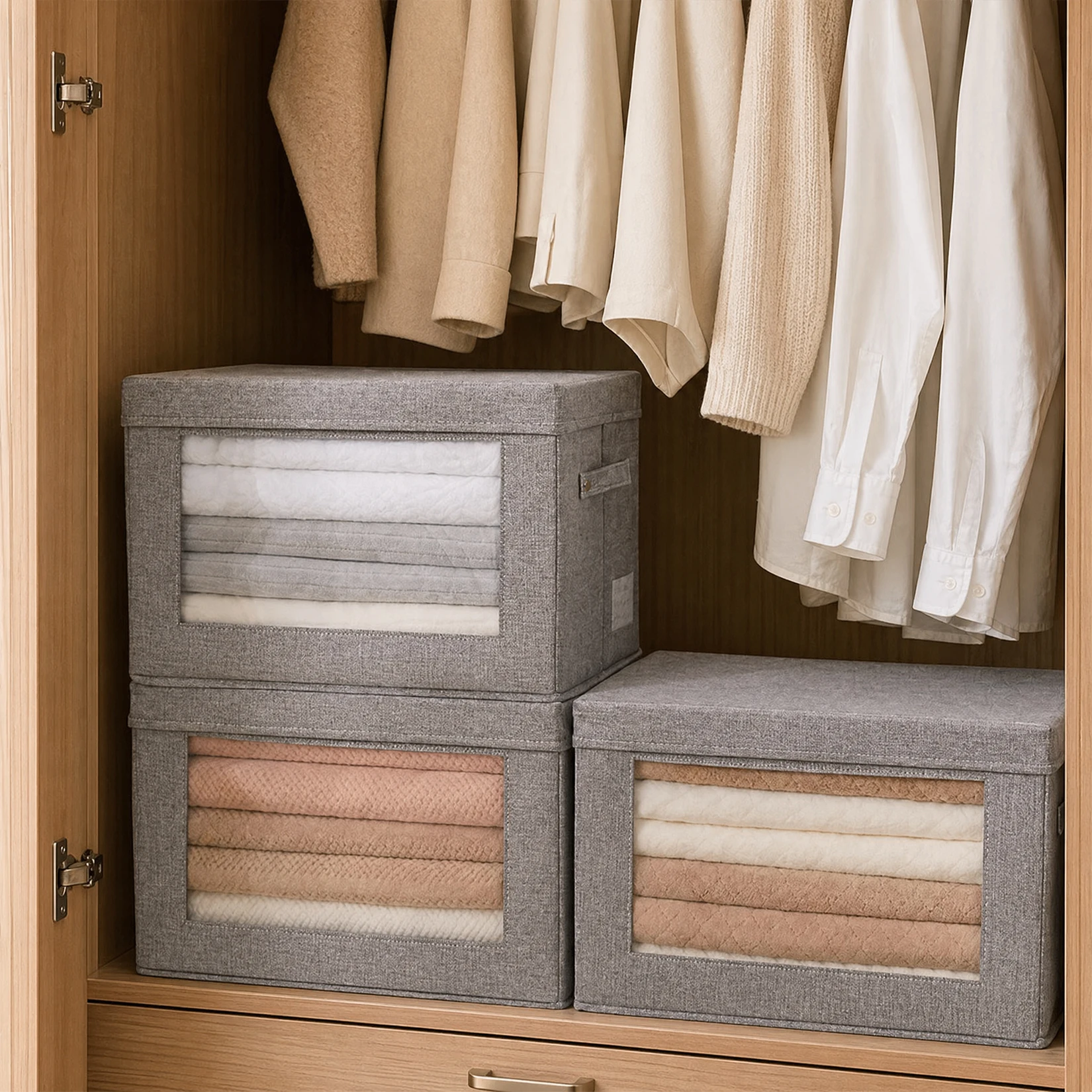 3 Pack Fabric Storage Bins with Lids & Clear Window, Collapsible Closet Organizer Boxes with Soft Handles, Stackable Cube Storage Baskets for Clothes Blankets Books, 15 Inch Ash Gray