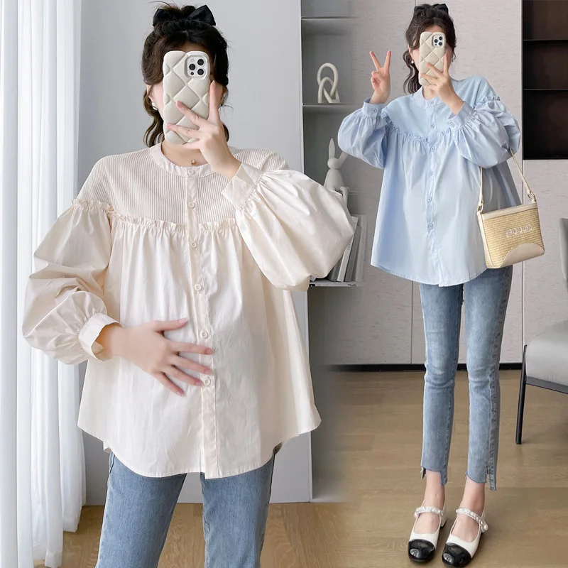 7156# Autumn Korean Fashion Patchwork Maternity Blouses Oversize Loose Tunic Clothes for Pregnant Women Cute Pregnancy Tops