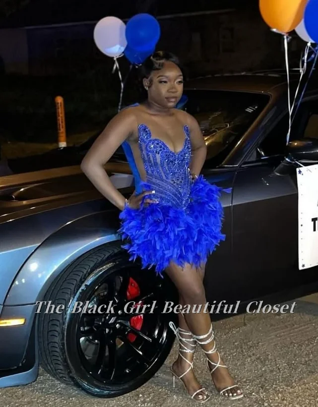 Синие сексуальные платья для выпускного вечера без рукавов с перьями, тюль, расшитый бисером, с блестками, подол с перьями, вечерние платья по индивидуальному заказу, черные девушки Homeco