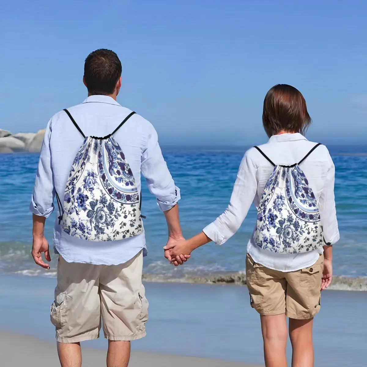 مخصص خمر Delft الأزرق الزهور الخزف طباعة الرباط على ظهره الرياضة حقيبة قاعة رياضة للنساء الرجال الأزهار الفن التدريب كيس