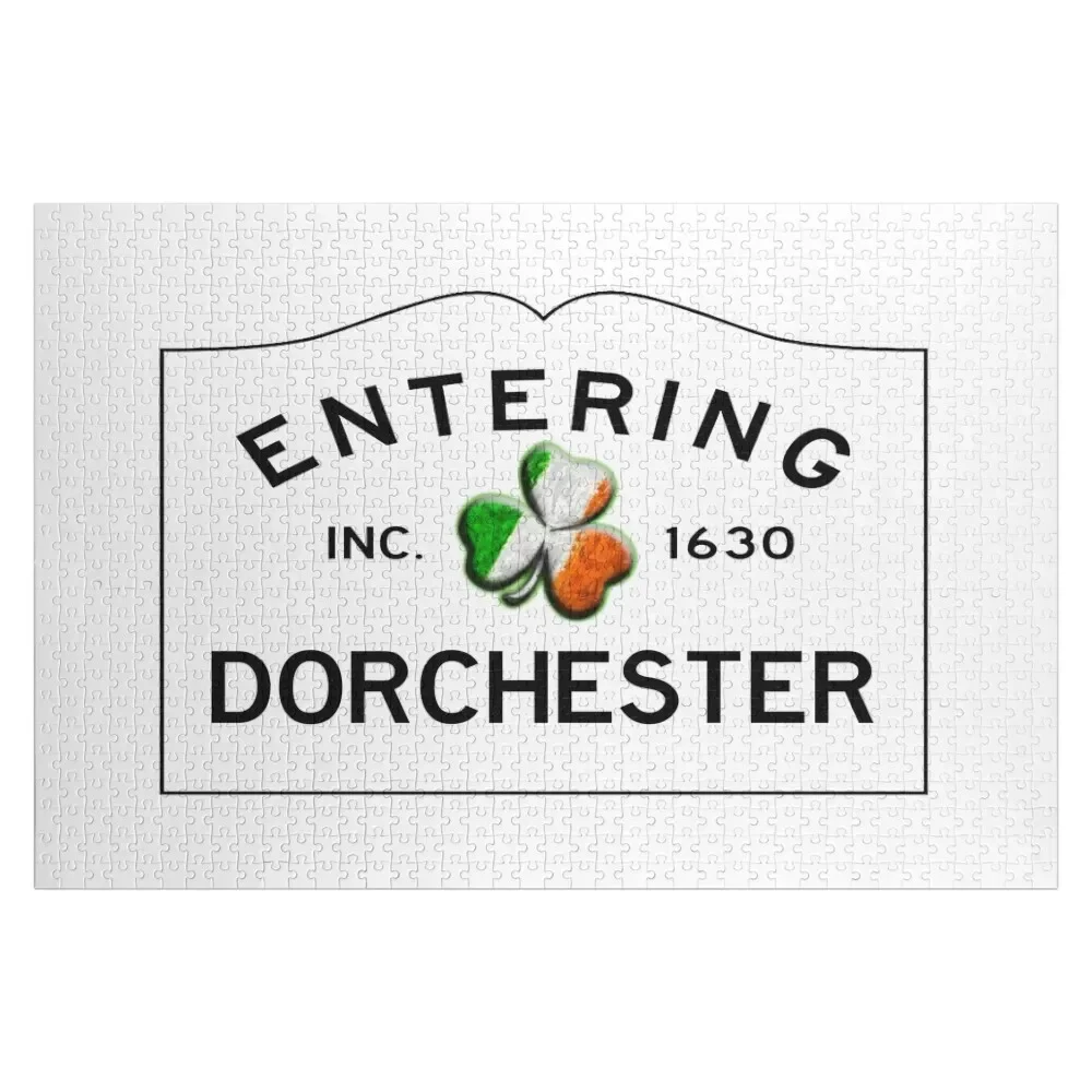 Entering Dorchester Road Sign with Shamrock - Dorchester, Massachusetts Jigsaw Puzzle Customizable Gift Wooden Adults Puzzle