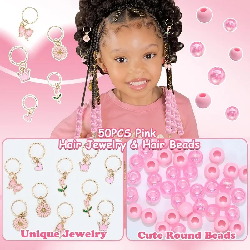 50Pcs Hair Beads and Metal Clips Set for Braids, Pony Beads with Openable Charms for Dreadlocks, Kids Girls Hair Jewelry Accesso