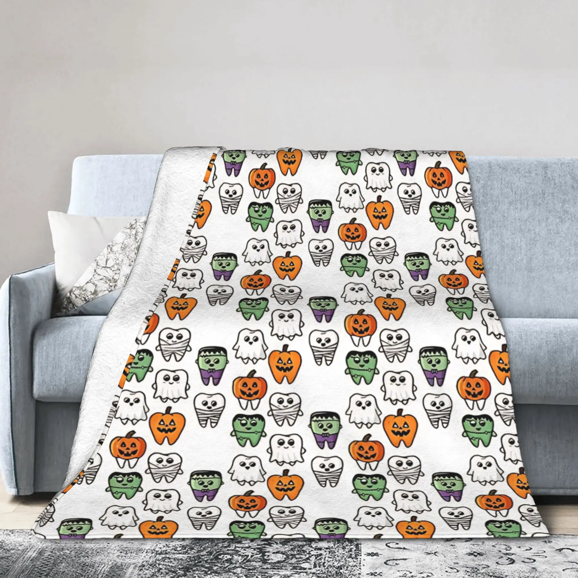 Scary Dentist Dental Matching  Blankets Flannel Cartoon Teeth Helloween Lightweight Throw Blanket for Outdoor Travel Bedspread