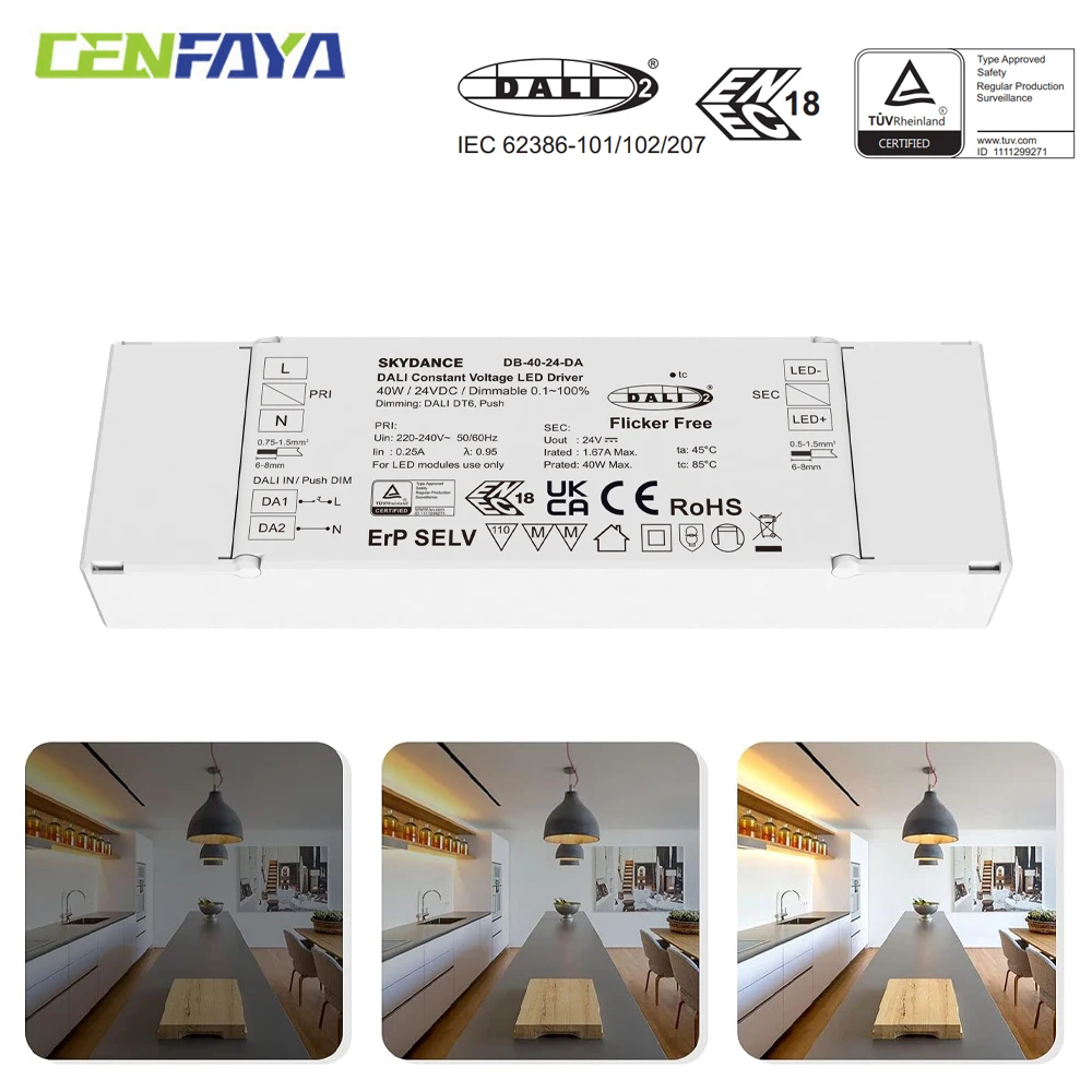 CENFAYA 40W DALI Dimmable LED Driver DALI2 Power Supply DT6 Dimming Push Switch Dimming For Single Color LED Strip Lamp Lighting