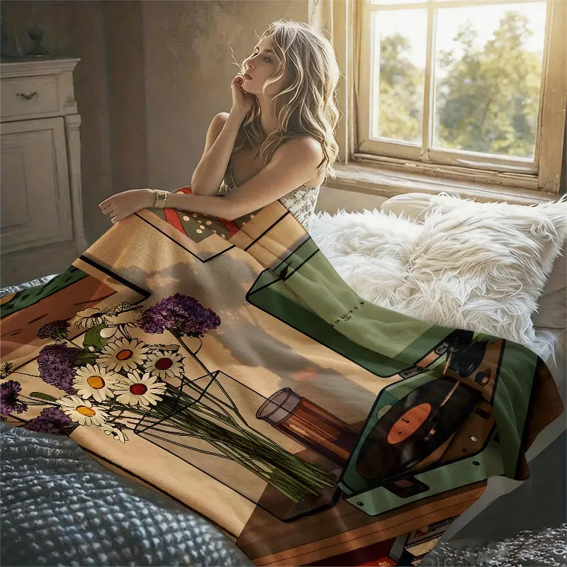 Vinyl Player Vase Cozy Flannel Blanket Perfect for Sofa Office Bed Travel Sleep Read Relax Camping Four Season Use