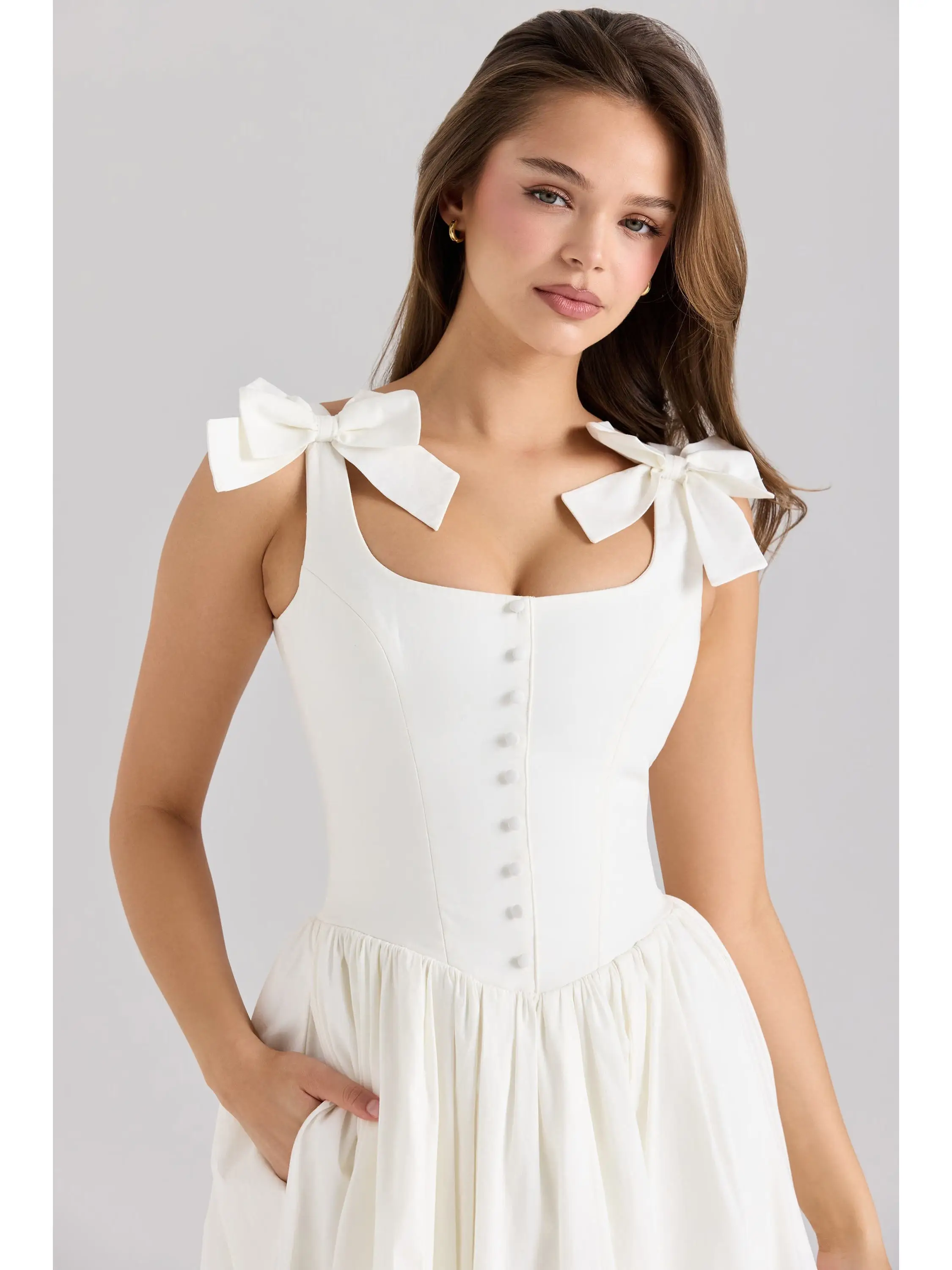 Fre doux blanc noeud épissure Strapl longue Dr minceur taille haute a-ligne robe d'été Ele Dra jupe