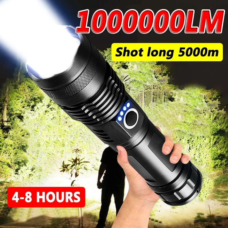 10000LM High Power LED Flashlight   Rechargeable Aluminum Alloy Telescopic Zoom Torch Tactical Lamp for Outdoor Camping Fishing