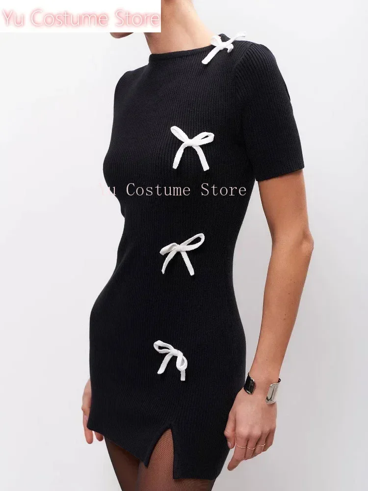 

Tossy Spring Knit Tee Bow Mini Dress Women Short Sleeve Patchwork Ribbed Sexy Elegant Party Dress Knitwear Female Bodycon 2025