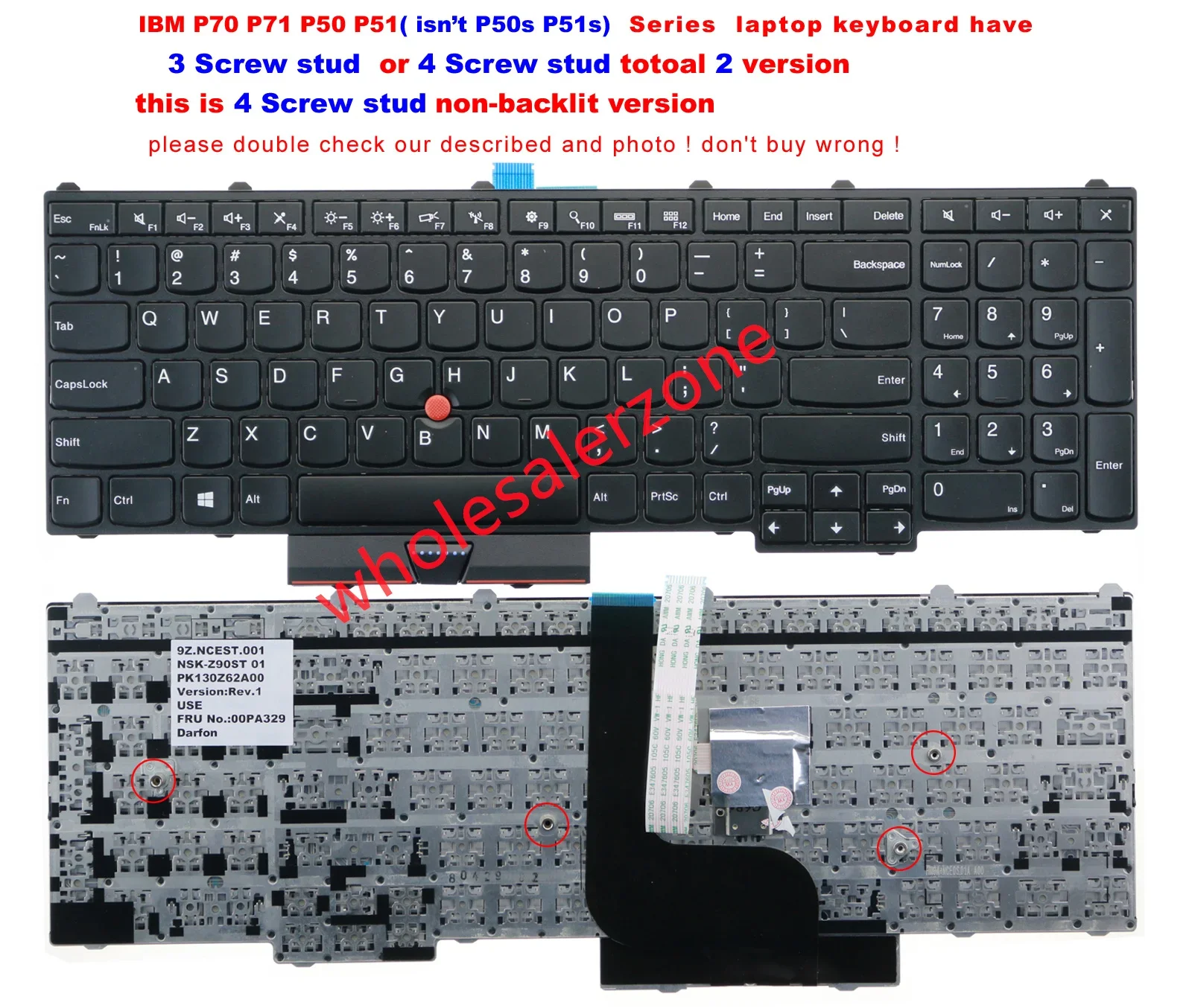 New keyboard for IBM Thinkpad P50 P51 series laptop US layout keyboard (can't fit P50s P51s) ---4 Screw stud version