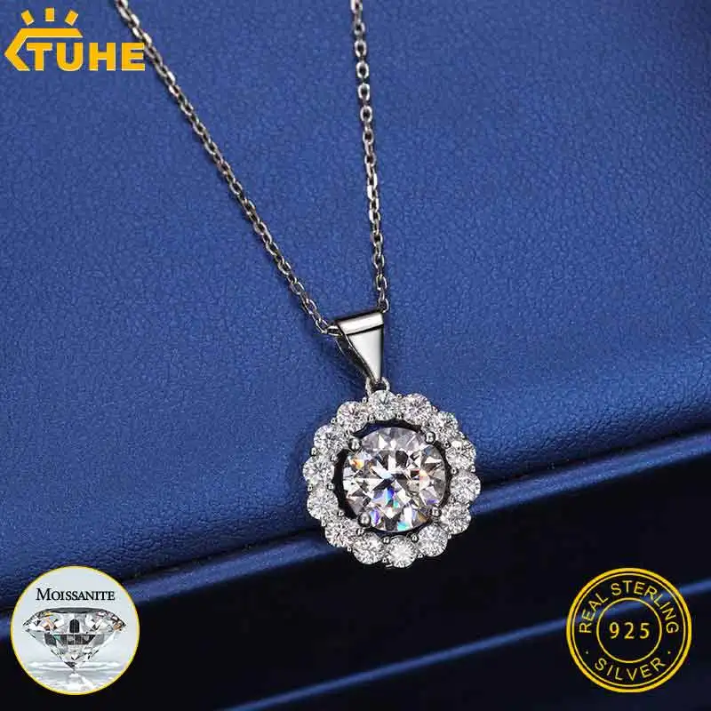 Classic Flower Shape Moissanite Pendant Necklace For Woman Pendant 925 Silver Necklace Women Chains Party Bridal Fine Jewelry