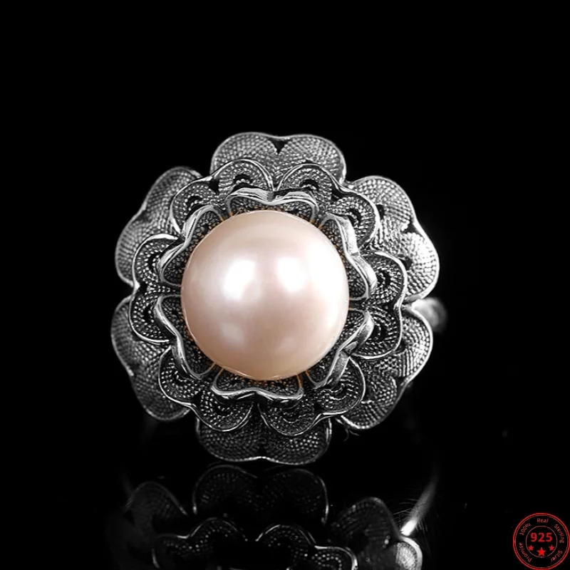 S925 Sterling Silver Charms Rings for Women New Fashion Hollow Flowers Inlaid Freshwater Pearl Jewelry Free Shipping