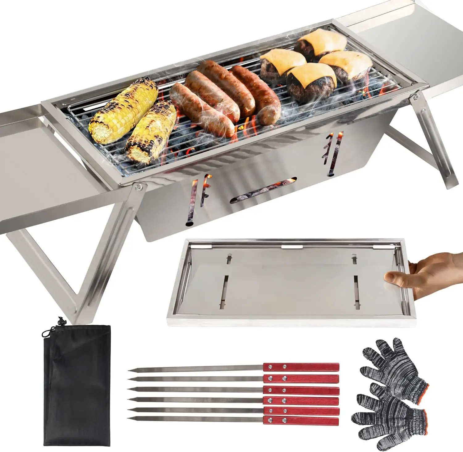 

Portable Charcoal Grill with 6 Skewers - Stainless Steel Foldaway Grill for Camping, BBQ, Tailgating, Picnics - Instant