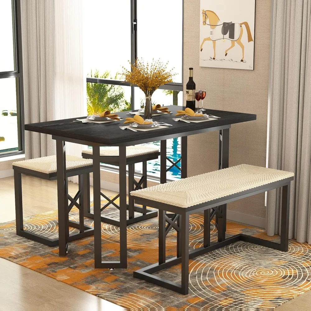 

43.3" Dining Tables Sets, Farmhouse Kitchen Table for 4 with 3 Seats & Wicker Seat Cushions,Table for Home Kitchen Dining
