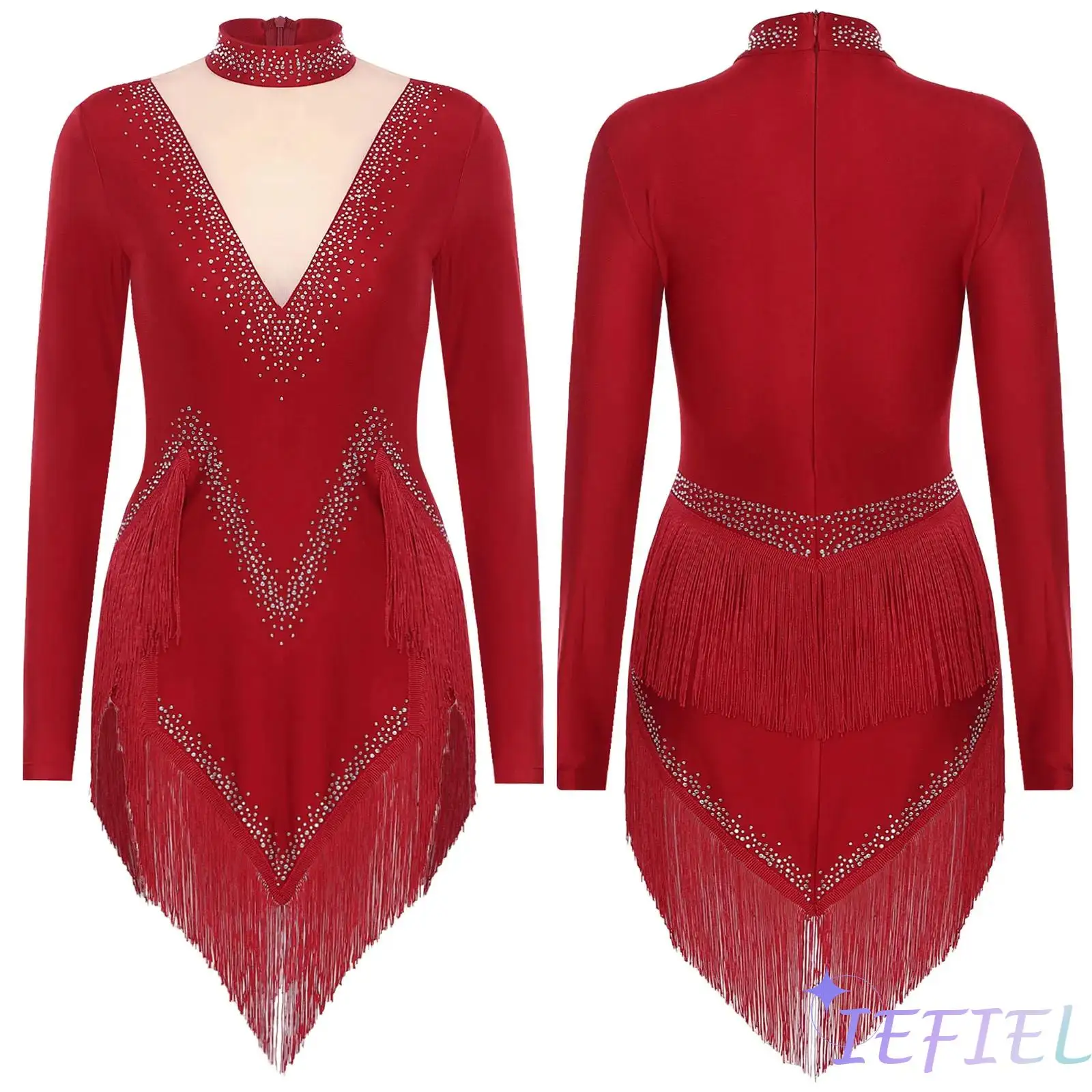 

Women Artistic Gymnastics Jazz Latin Tango Ballet Dancewear Tassel Splice Rhinestone Decor Dance Bodysuit Fancy Skating Leotard