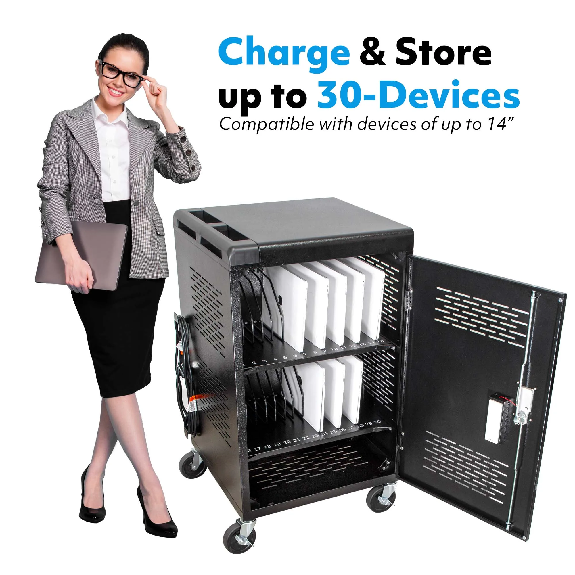30-Unit Wheeled Laptop Tablet Charging Trolley School Electronic Keypad Lock AC Power Socket Charging Cart Educational Equipment