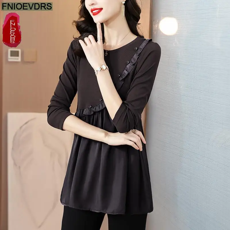 L-5XL Loose Clothes 2023 Women Autumn Elegant Ruffles Basic Shirts Retro Patchwork Black Tunic Peplum Tops And Blouses