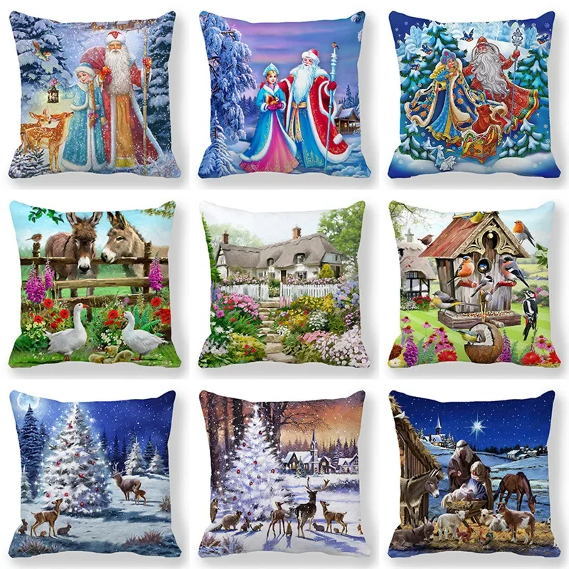 

Christmas Decor Cushion Cover Christmas Gifts Home Party Decorative Pillow Cover Winter Snow Scene Animal Angel Print Pillowcase