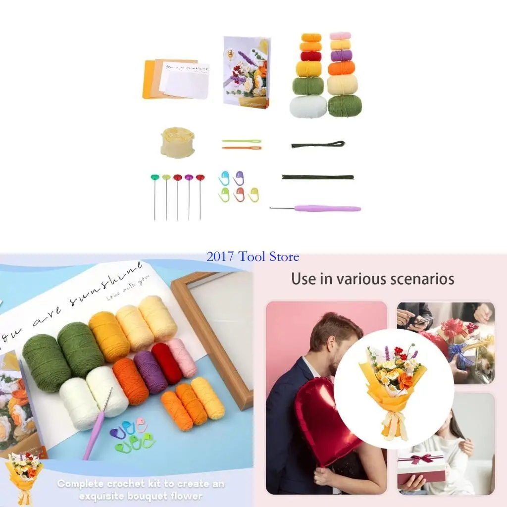 

K92A DIY Крючковые цветочные комплекты, включая пряжу, крючок для вязания крючком, иглу, вязание маркеры