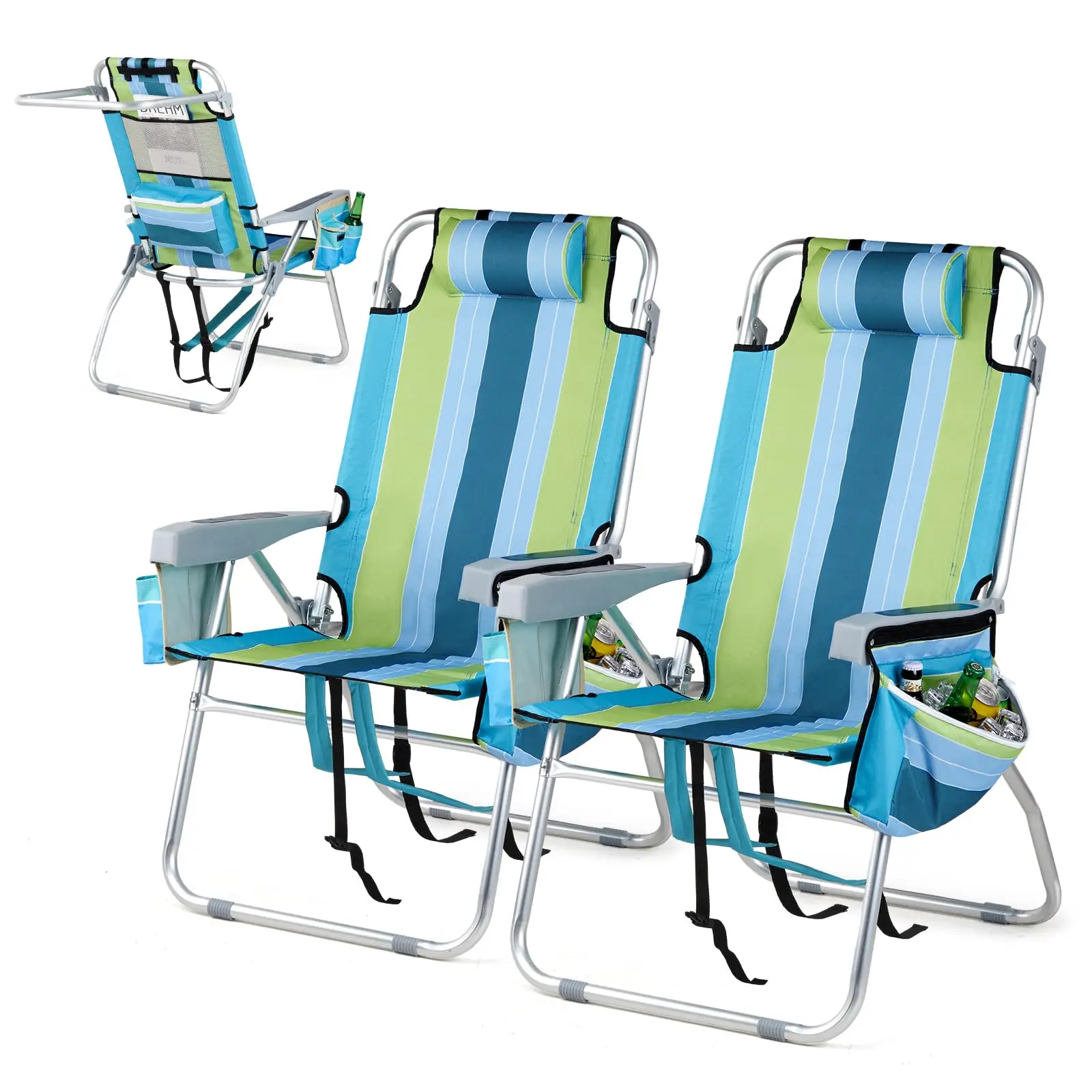 Tall Beach Chair 2 Pack Lightweight, Backpack Beach Chair for Adults with 5-Position, Cooler Bag, Cup Holders, Towel