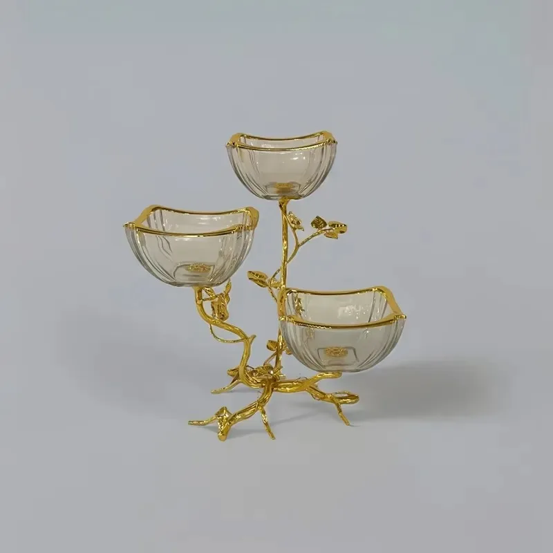 Gold Plated Crystal Glass Fruit Plate Large Capacity Decorative Tableware for Dining Table Home Restaurant Ornament
