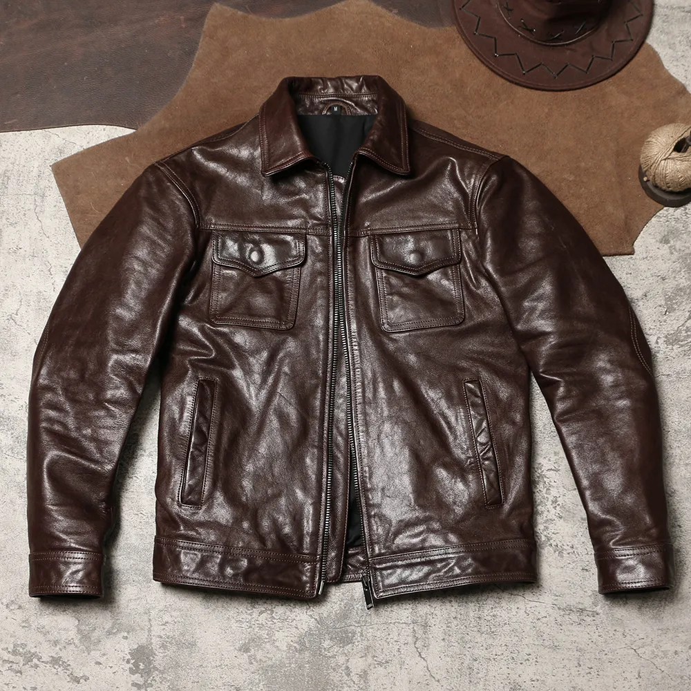 Men Lapel Slim Biker Genuine Leather Jacket, Vintage Waxed Goatskin Multi Pocket Workwear Coat for Spring Autumn