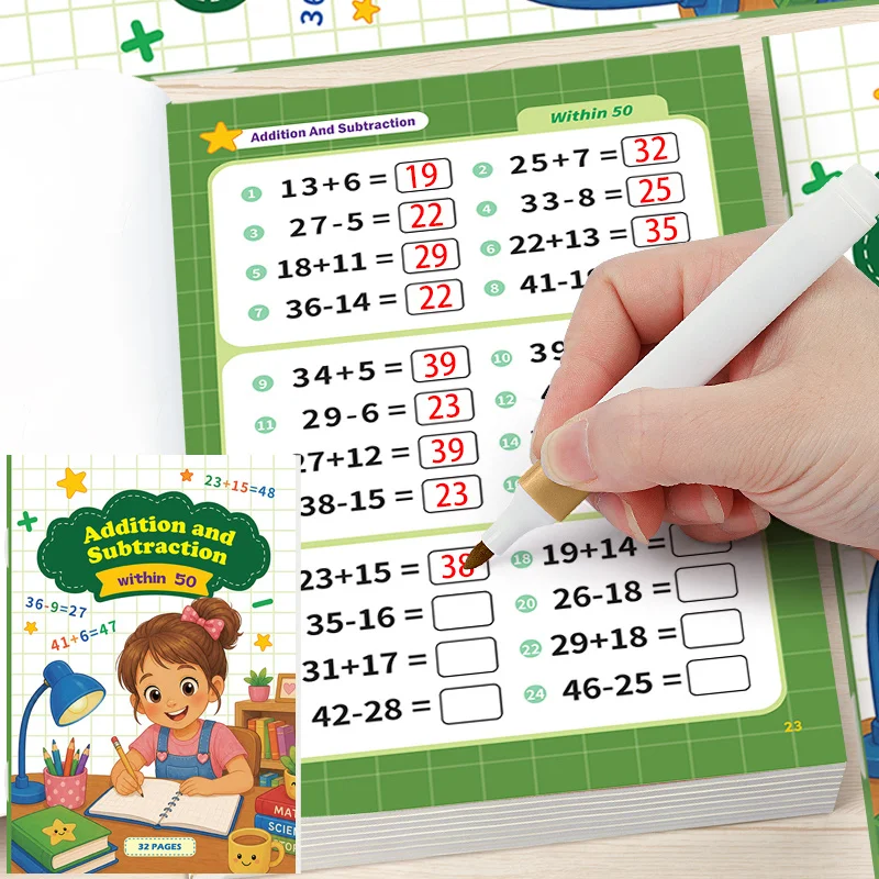 Cahier d'exercices de mathématiques pour l'addition et la soustraction jusqu'à 50, éducation préscolaire, calcul mental, problèmes d'arithmétique en anglais, 32 pages