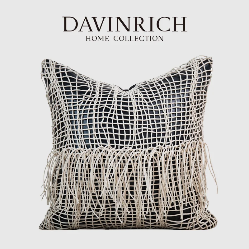 DAVINRICH Stunning Design See Through Plaid Crochet Cushion Cover Faux Leather Handmade Luxuruous Pillow Case Modern Upholstery