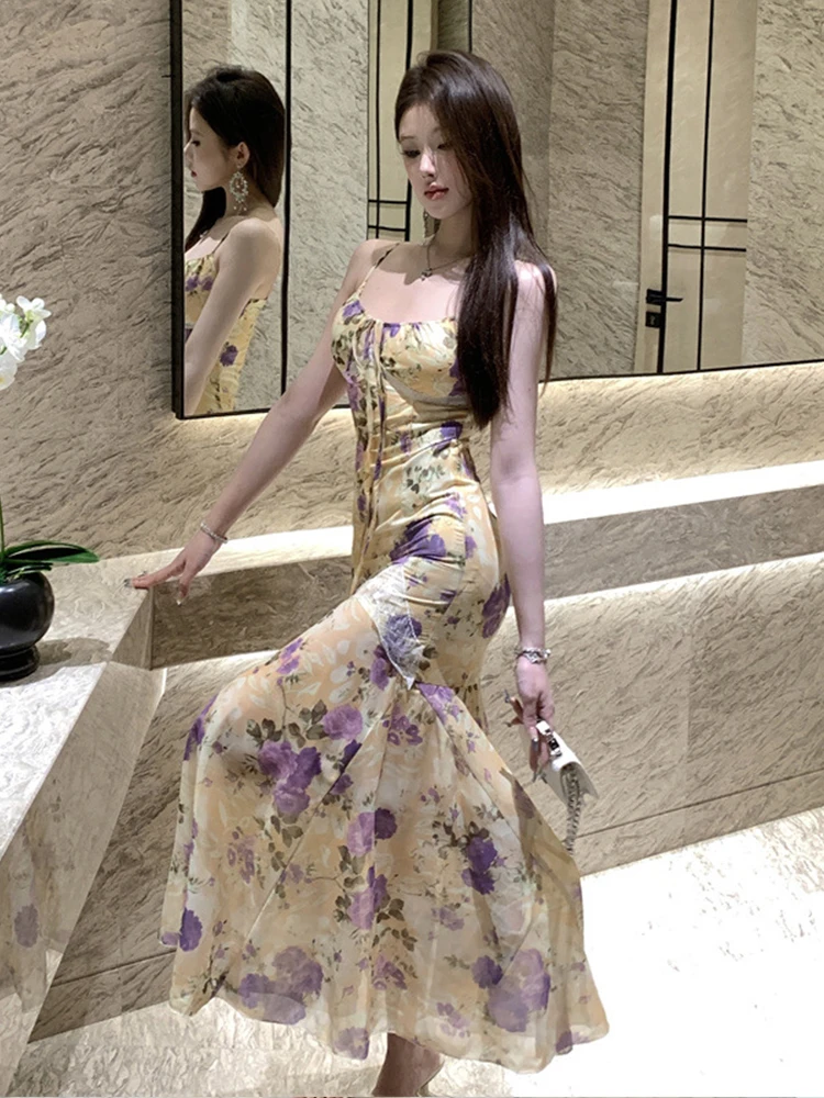 ผู้หญิงเสื้อผ้าวันหยุดดอกไม้หวานพิมพ์เซ็กซี่สลิง Slim Maxi ยาว Fishtail ชุด Elegant Lady แฟชั่น Party Prom Vestidos Robe