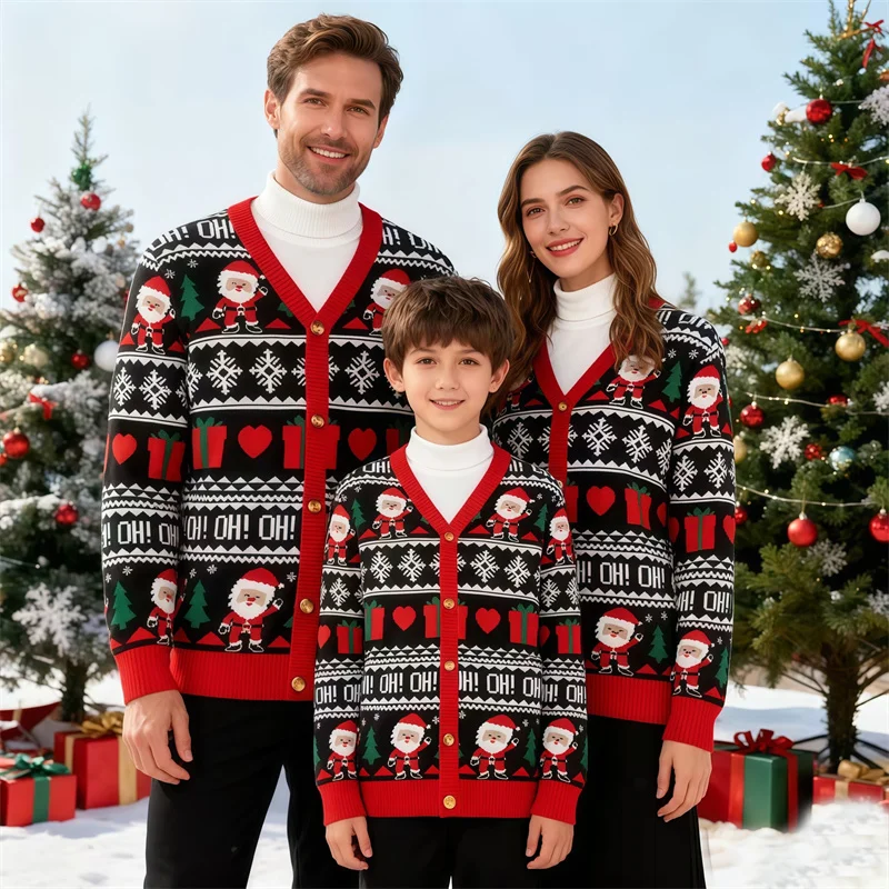 Family Matching Knitted Cardigan Outfits Trend Christmas Day Print Long Sleeve Warm Coats Children Adults Casual Outdoor Sweater