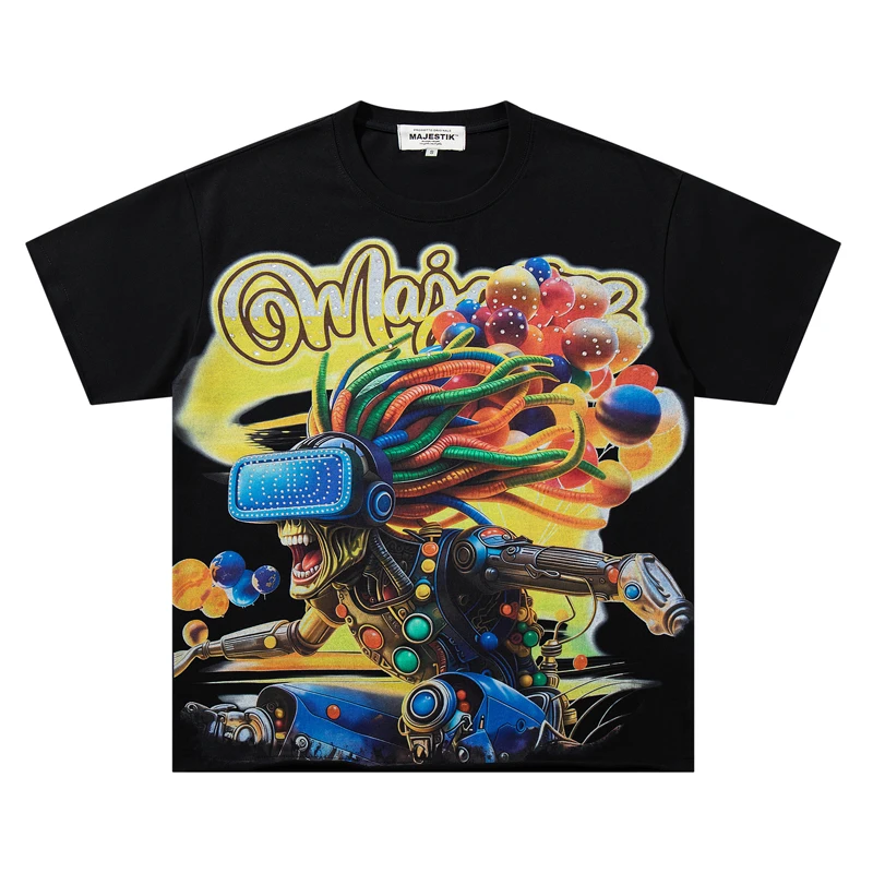 Streetwear Trend MAJESTIK T-shirt Rhinestone Sequin Print Round Neck Short Sleeve Hip Hop Men Women Majestik Top Tee