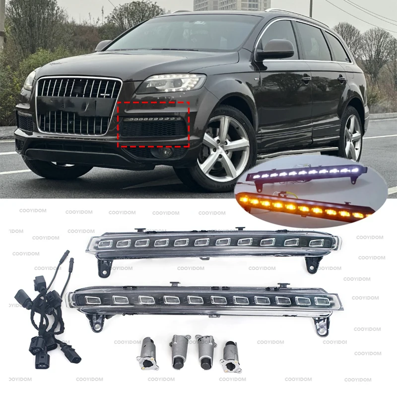 Left / Right 12V LED DRL Daytime Running Lights Daylight For Audi Q7 2006 2007 2008 2009 Fog light with yellow Turn Signal lamp