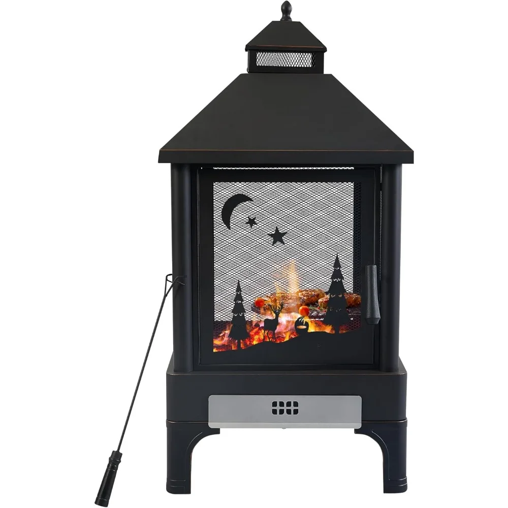 

Fire Pit, 2 in 1 Wood Burning Fire Pit with Mesh Spark Screen Doors, BBQ Grill and Fire Poker, 24.41 Inch Outdoor Metal Chiminea