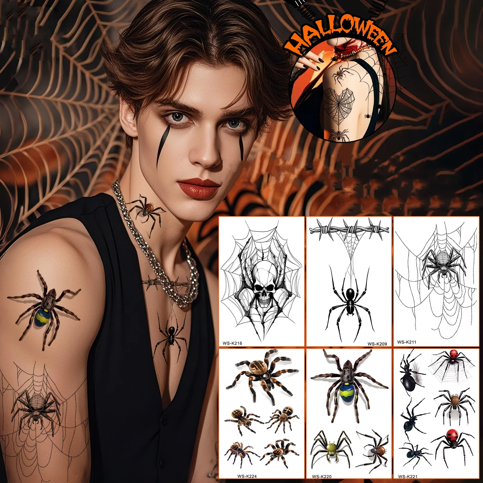 

20pcs 3D Simulation Spider Web Tattoo Sticker Waterproof Realistic Skull Halloween Temporary Tattoo NecK Face Body Party Decor