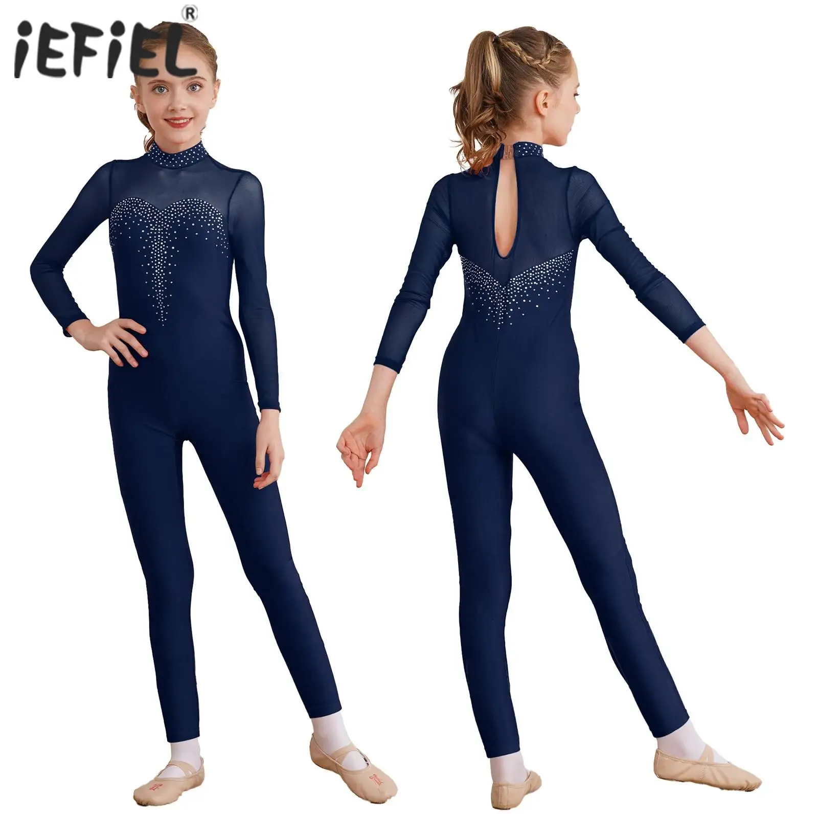 Kids Girls Figure Skating Dance Jumpsuit Sheer Mesh Long Sleeve Bodysuit Ballet Gymnastics Unitard Stage Performance Costume