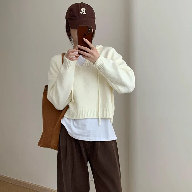 Women's Korean Cropped Pullover Hoodies Spring Autumn Solid Color Loose Knitted Pullovers Fashion Streetwear Hooded Sweaters