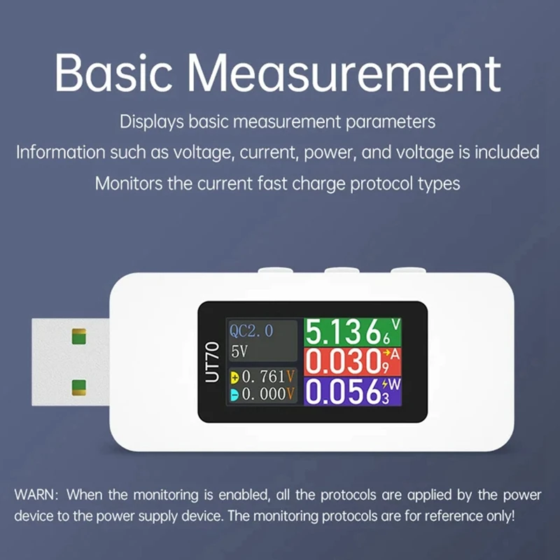 UT70 USB تستر الفولتميتر الرقمي مقياس التيار الكهربائي قياس القدرة الموجي عرض كهربائي TYPE-C كشف الزناد