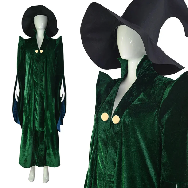 Minerva McAll women dress cosplay costume dark green robe trench dress outfit hat